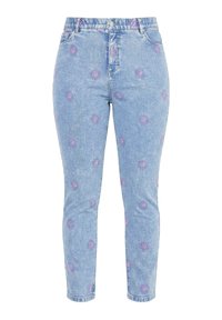 Lyseblå jeans med høj talje, ankellængde og små lyserøde solbroderier over hele stoffet.