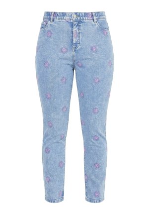 Lyseblå jeans med høj talje, ankellængde og små lyserøde solbroderier over hele stoffet.