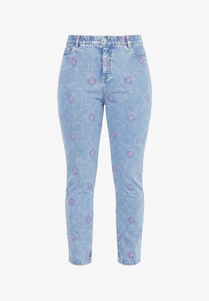 Lyseblå jeans med høj talje, ankellængde og små lyserøde solbroderier over hele stoffet.