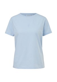 Lichtblauw T-shirt met korte mouwen, gemaakt van katoen, met een ronde halslijn en een subtiele reliëf logo aan de voorkant. Vriendelijke textuur.
