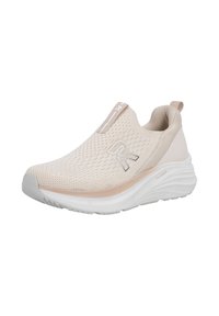 Baskets beige clair à enfiler avec dessus en mesh respirant, semelle blanche amortissante étiquetée "foam tech" et logo réfléchissant sur le côté.