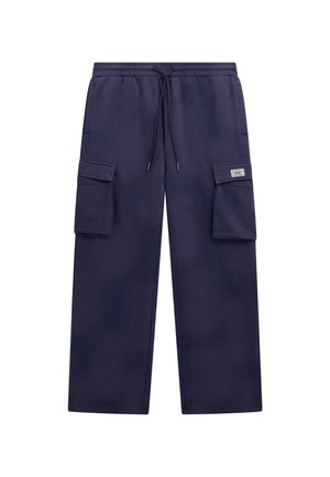 Navyblaue Cargo-Hosen aus weichem Stoff, mit zwei großen Seitentaschen, verstellbarem Kordelzugbund und entspannter, gerader Schnittführung.