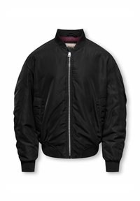 Črna bomber jakna z zadrgo spredaj, rebrastimi manšetami in spodnjim robom ter gladko teksturo tkanine. Ima bočne žepe in preprost dizajn.