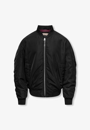 Sort bomberjakke med lynlås foran, ribbede manchetter og kant, samt en glat stoftekstur. Har sidelommer og et enkelt design.