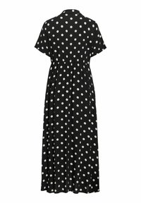 Čierne maxi šaty s krátkym rukávom s bielymi bodkami, zdobené v páse a s golierom, zobrazené zozadu.