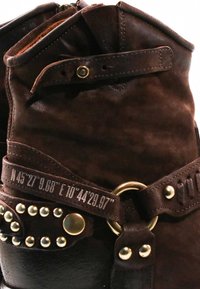 Botte en cuir marron foncé avec des clous décoratifs en laiton, des sangles et des coordonnées gravées sur une sangle près du bord supérieur plié.