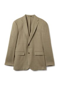 Beiger Leinenblazer mit zwei Vorderaschen, Ein-Knopf-Verschluss, Schößchen und glatter Textur. Geeignet für semi-formelle Anlässe.