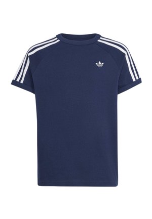 Navyblå kortærmet Adidas-trøje med hvide tre striber på skuldrene og Adidas trefoil-logo på brystet.