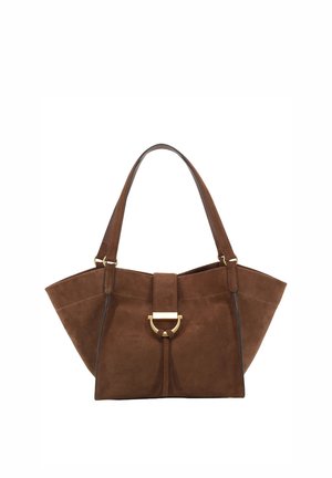 Brown suede handbag with a wide, structured shape, dual handles, and a gold hardware detail at the front. Smooth texture with minimal seams.