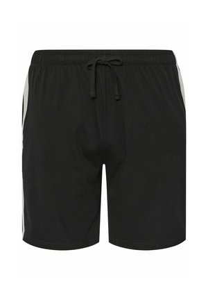 Schwarze Sportshorts mit elastischem Bund, Kordelzug und hellgrauen Seitenstreifen, vor weißem Hintergrund gezeigt.