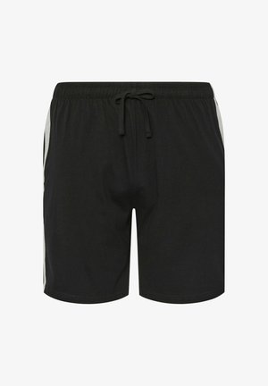 Schwarze Sportshorts mit elastischem Bund, Kordelzug und hellgrauen Seitenstreifen, vor weißem Hintergrund gezeigt.