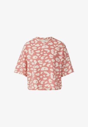 Korte mouw, losvallend shirt in lichtroze met witte luipaardprint. Zachte stof met een ronde hals en gedropte schoudernaden.