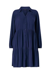 Vestido azul marino de botones, hecho de una tela suave, con mangas largas, una silueta en capas y cuello. Texturizado, con costuras visibles.