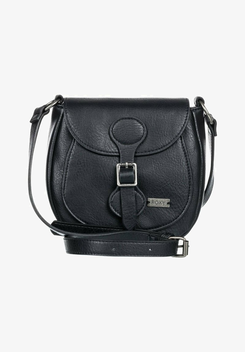 Sac bandoulière en cuir noir avec sangle réglable, rabat avant, détail boucle et plaque logo métallique "Roxy".