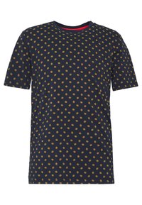 Camiseta de manga corta azul marino con un patrón de pequeñas flores amarillas por toda la prenda y con cuello redondo.