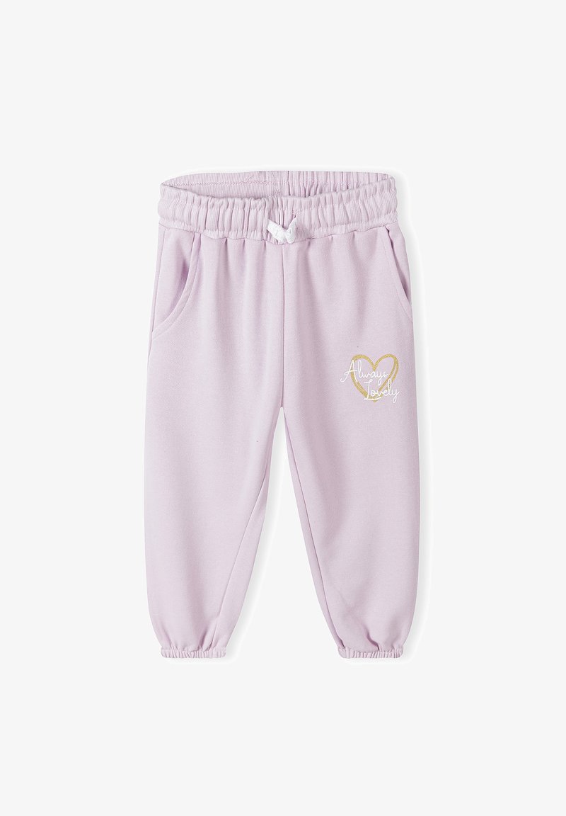 Gaiši rozā sporta bikses ar elastīgu jostasvietu, sānu kabatām un savilktiem piedurknēm. Uzrakstīts zelta sirdī "Always Lovely".