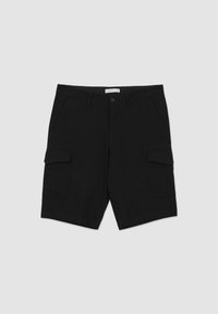 Schwarze Cargo-Shorts mit mehreren Taschen, einem knopfartigen Verschluss und einem geraden Schnitt. Hergestellt aus leichtem Material.