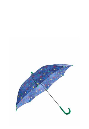 Blue umbrella with green handle featuring colorful leaf and plant patterns in red, yellow, and green, open against a white background.