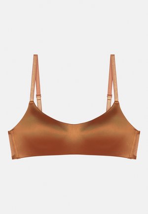 Brown satin bralette with thin adjustable straps. Smooth texture and minimalist design, featuring a scoop neckline. No padding or embellishments.