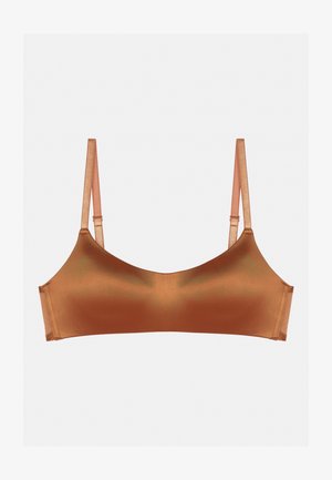 Brown satin bralette with thin adjustable straps. Smooth texture and minimalist design, featuring a scoop neckline. No padding or embellishments.