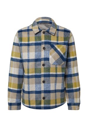 Karakostaart in blauw, groen en beige, met een knoopsluiting aan de voorkant, kraag en een borstzak met diagonale gestreepte details. Flanellen textuur.