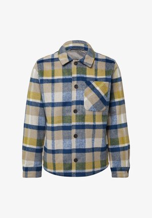 Raibumšs jaku jūra, zaļā un bēšā krāsā, ar pogu priekšpusi, apkakli un krūšu kabatu ar diognālu svītru detaļu. Flaneles tekstūra.