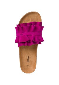 Fuchsia slide sandal with a ruffled strap, featuring a soft suede-like texture and a flat, tan footbed with branding and size printed.