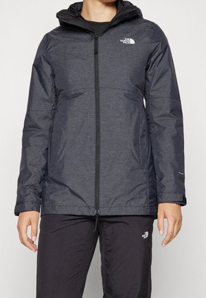 Dark grey insulated jacket with a textured finish, zip closure, adjustable hood, two front pockets, and logo on the chest and sleeve.