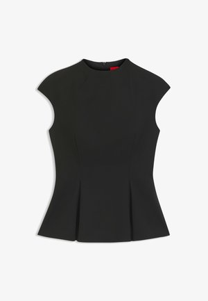 Haut péplum noir avec un col montant, des manches courtes style cape et de subtils plis. Confectionné dans un matériau lisse et structuré avec une fermeture éclair à l'arrière.