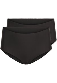Black high-waisted briefs, made from smooth fabric. Features a simple, seamless design with a wide, soft waistband and full coverage style.