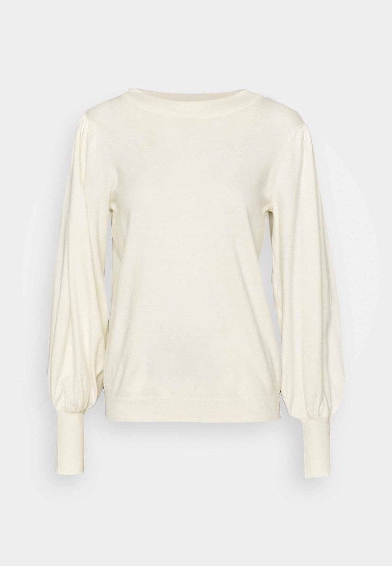 Pull à manches longues couleur crème avec des manches bouffantes et des poignets ajustés, col rond, présenté sur un fond clair uni.