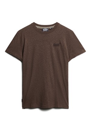 Braunes T-Shirt mit kurzen Ärmeln aus strukturiertem Material, mit Rundhalsausschnitt und kleinem gestickten Logo auf der Brust.