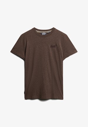 Camiseta de manga corta marrón hecha de un material texturizado, con un escote redondo y un pequeño logotipo bordado en el pecho.