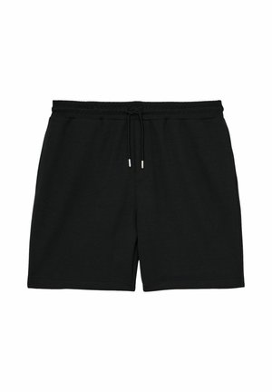 Pantaloni scurți casual negri, cu talie elastică și șnur reglabil, lungime până la genunchi, design simplu, potriviți pentru timp liber sau sport.