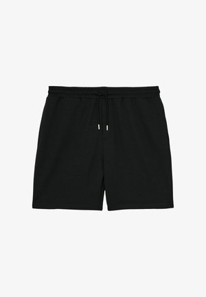 Pantaloni scurți casual negri, cu talie elastică și șnur reglabil, lungime până la genunchi, design simplu, potriviți pentru timp liber sau sport.