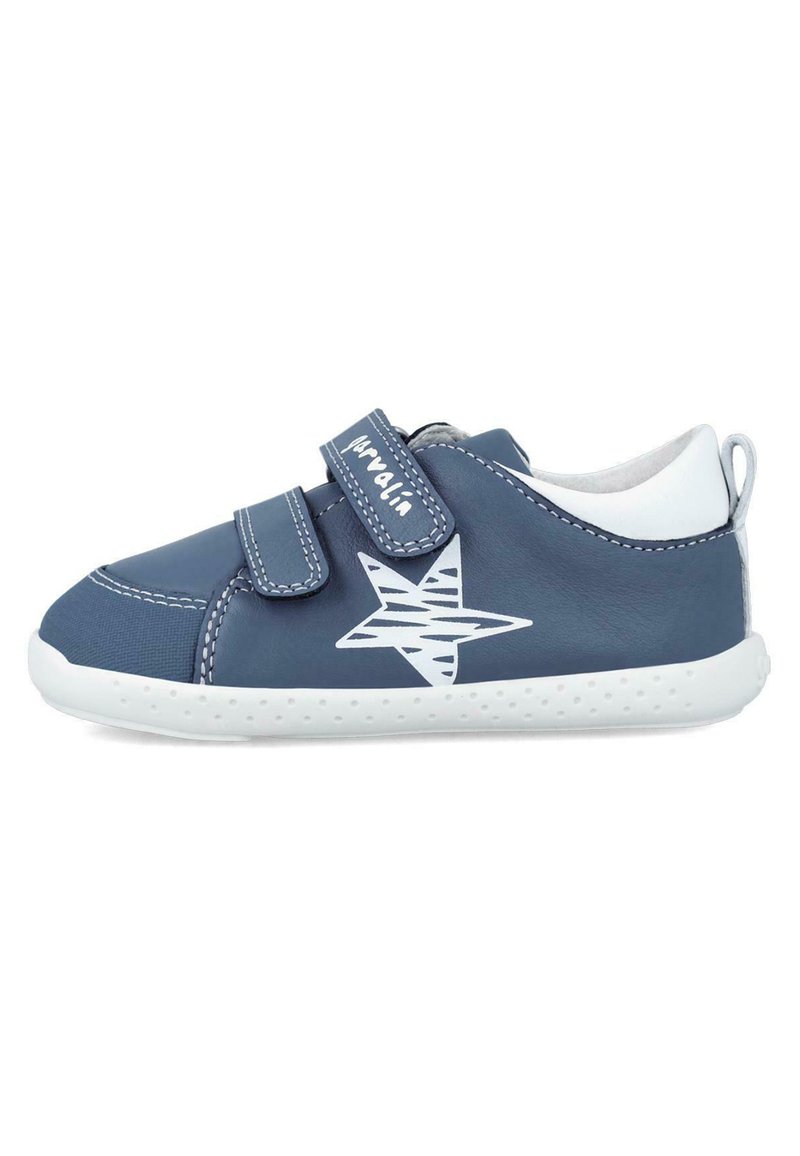 Blue leather shoe with white stitching and a star design. Features two Velcro straps and a textured white sole for grip.