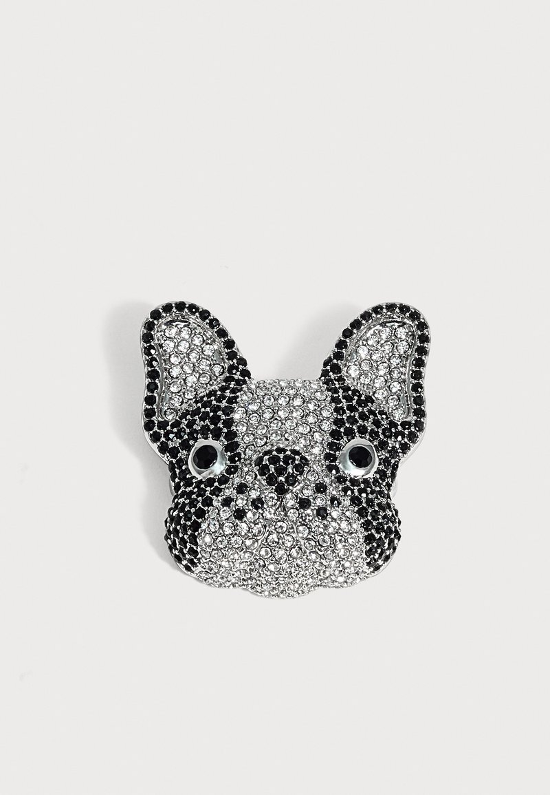 Broche en forme de tête de bouledogue français, décorée de strass noirs et transparents et de yeux noirs brillants.