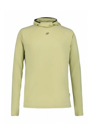 Lichtgroene lange mouwen hoodie met een klein zwart logo in het midden op de borst.