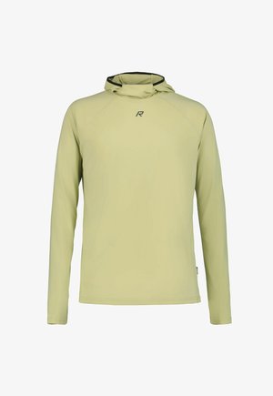 Pull à capuche vert clair à manches longues avec un petit logo noir centré sur la poitrine.