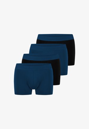 Satz von vier Boxershorts: zwei einfarbig dunkelblau, zwei einfarbig schwarz, mit einem weichen elastischen Bund, der den eingeprägten Markennamen trägt, und einer engen Passform.