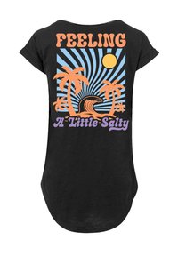 Black t-shirt featuring a vibrant graphic with palm trees, a wave, and text saying "Feeling A Little Salty," in orange and purple colors.