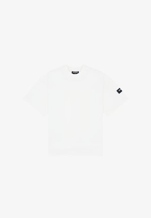 White cotton t-shirt with a round neck, short sleeves, and a black label sewn into the left sleeve. Simple design, no patterns or accents.