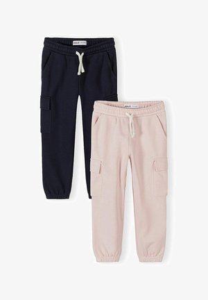 Two pairs of cargo jogger pants, one black and one light pink, with elastic waistbands, drawstrings, side pockets, and ankle cuffs.