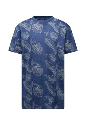 Blauw T-shirt met korte mouwen, voorzien van beige bladeren- en plantenpatronen, gemaakt van een zachte stof met een ronde hals en een ontspannen pasvorm.