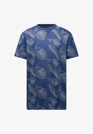 Blauw T-shirt met korte mouwen, voorzien van beige bladeren- en plantenpatronen, gemaakt van een zachte stof met een ronde hals en een ontspannen pasvorm.
