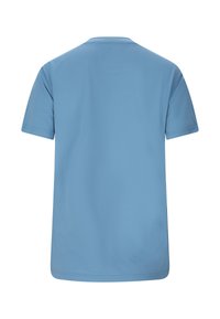 Ensfarvet lyseblå t-shirt med korte ærmer set bagfra, med rund hals og uden synlige logoer eller designs.