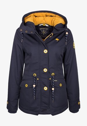 Veste à capuche bleu marine avec doublure jaune, boutons jaunes, poches avant, cordons avec perles en bois et logo parapluie sur la poitrine.