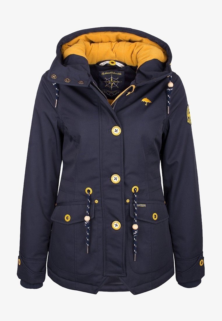 Veste à capuche bleu marine avec doublure jaune, boutons jaunes, poches avant, cordons avec perles en bois et logo parapluie sur la poitrine.