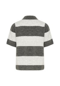 Short-sleeve knit sweater in alternating dark gray and white stripes. Soft texture, round collar, and a relaxed fit.