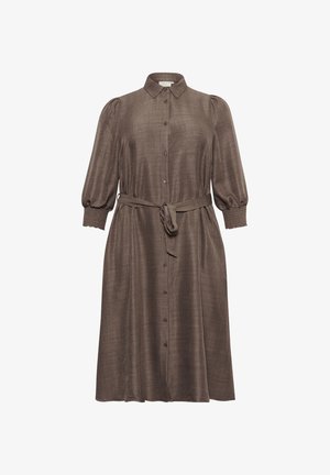 Pruun nuppudega kleit, millel on krae, lühikesed puffvarrukad ja sõlm vööl. Tekstureeritud kangas, millel on veidi läikiv viimistlus.